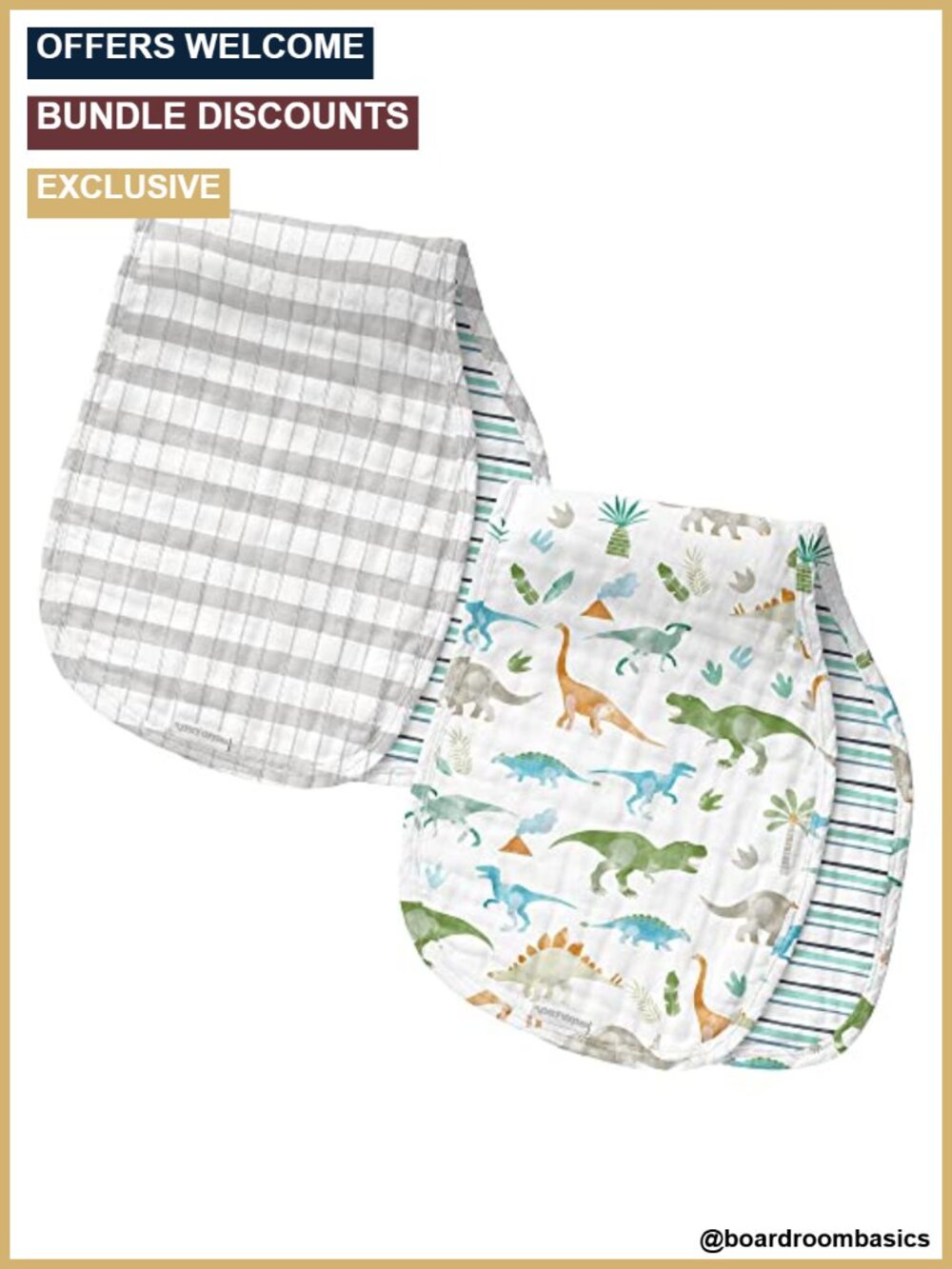 Muslin Cotton Burp Cloths 2-Pack Large 29x11 Dino Print